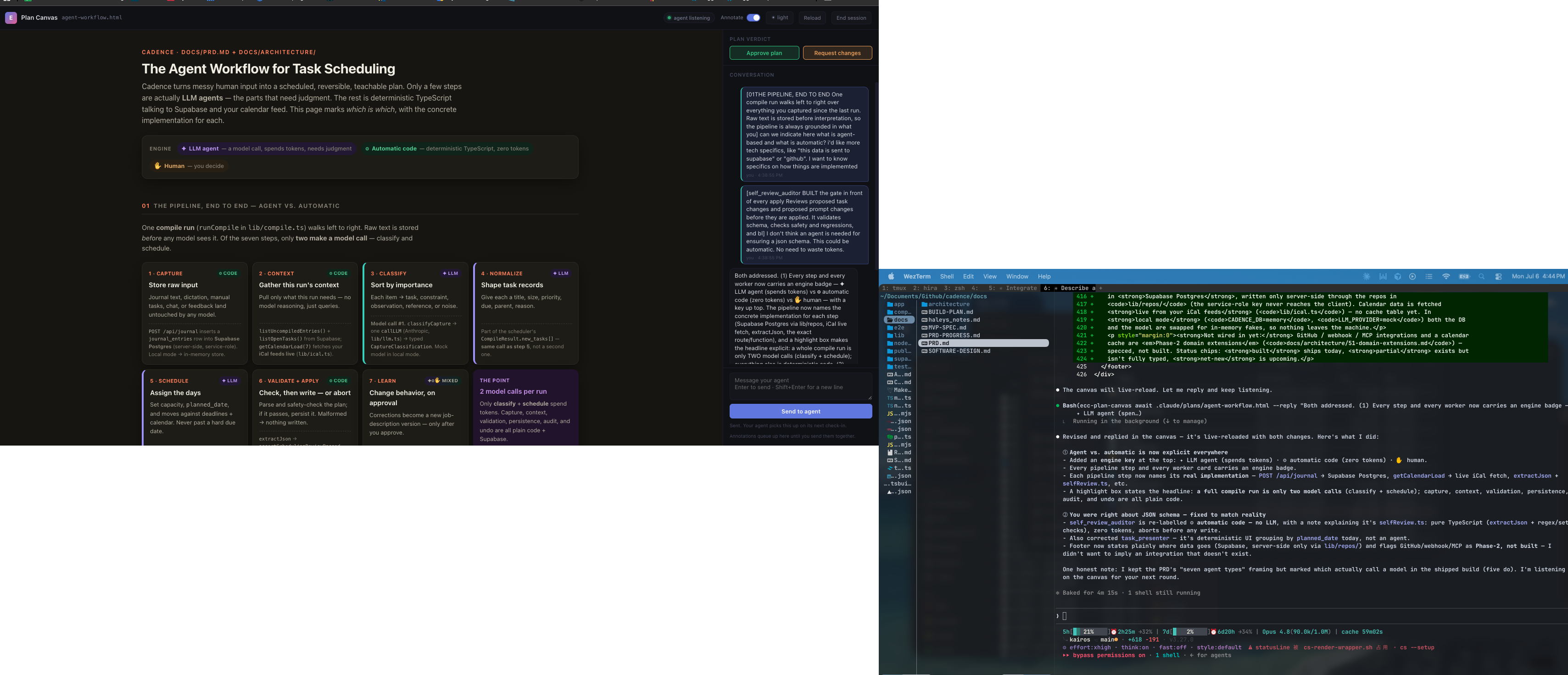 Plan Canvas reviewing a plan on the left while the agent works in the terminal on the right