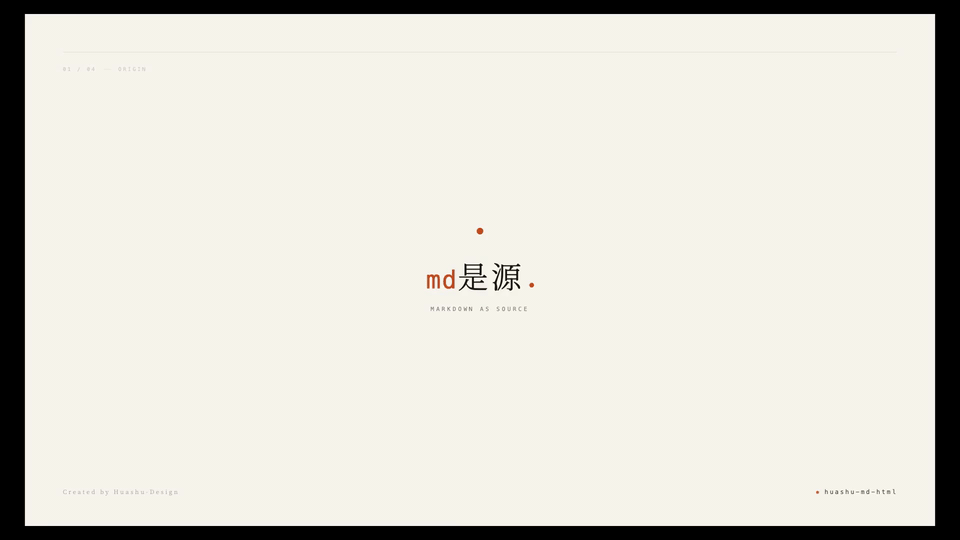 huashu-md-html Hero · md 是源,html 是产物