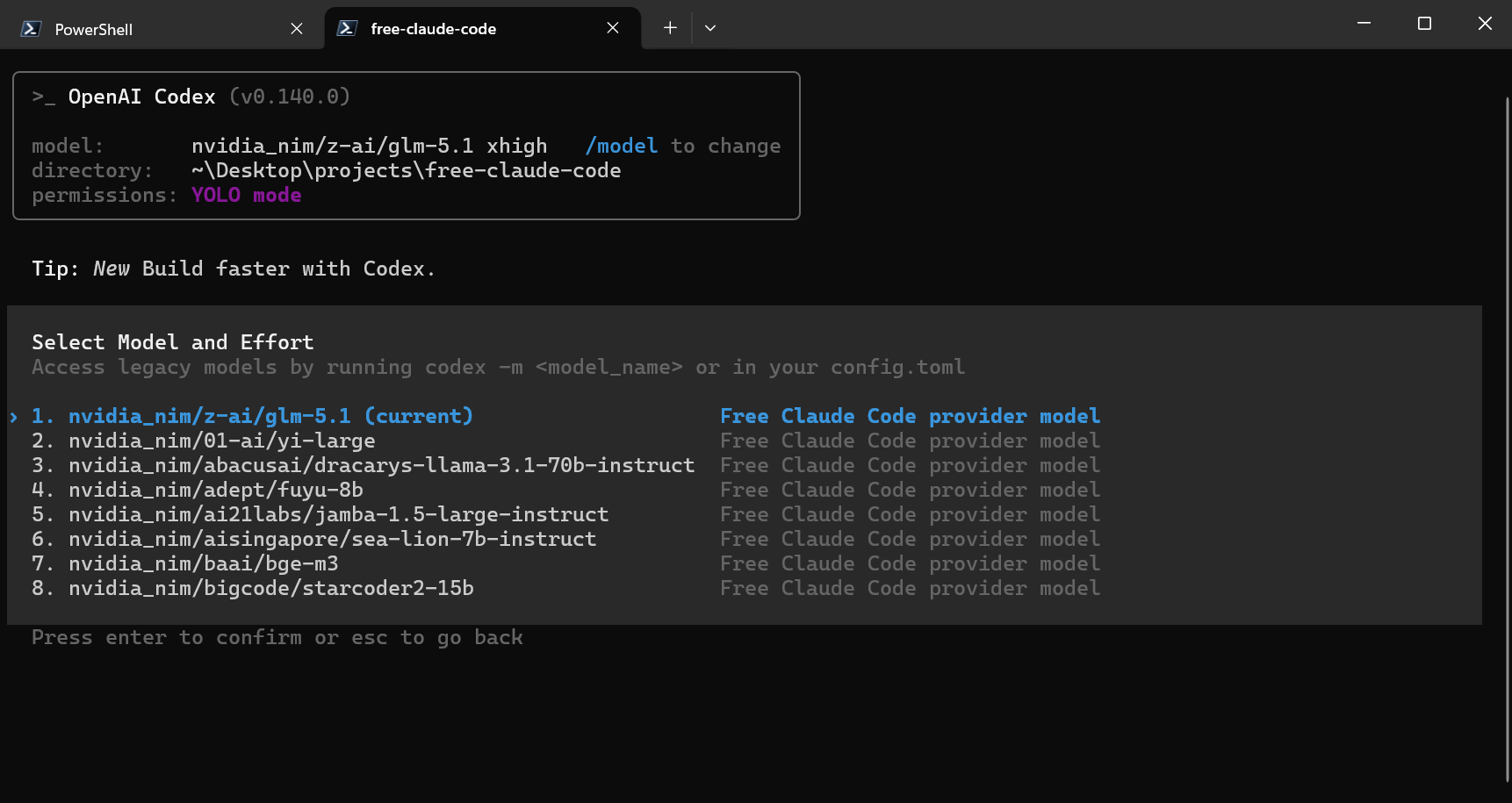 Codex model picker showing generated FCC model catalog