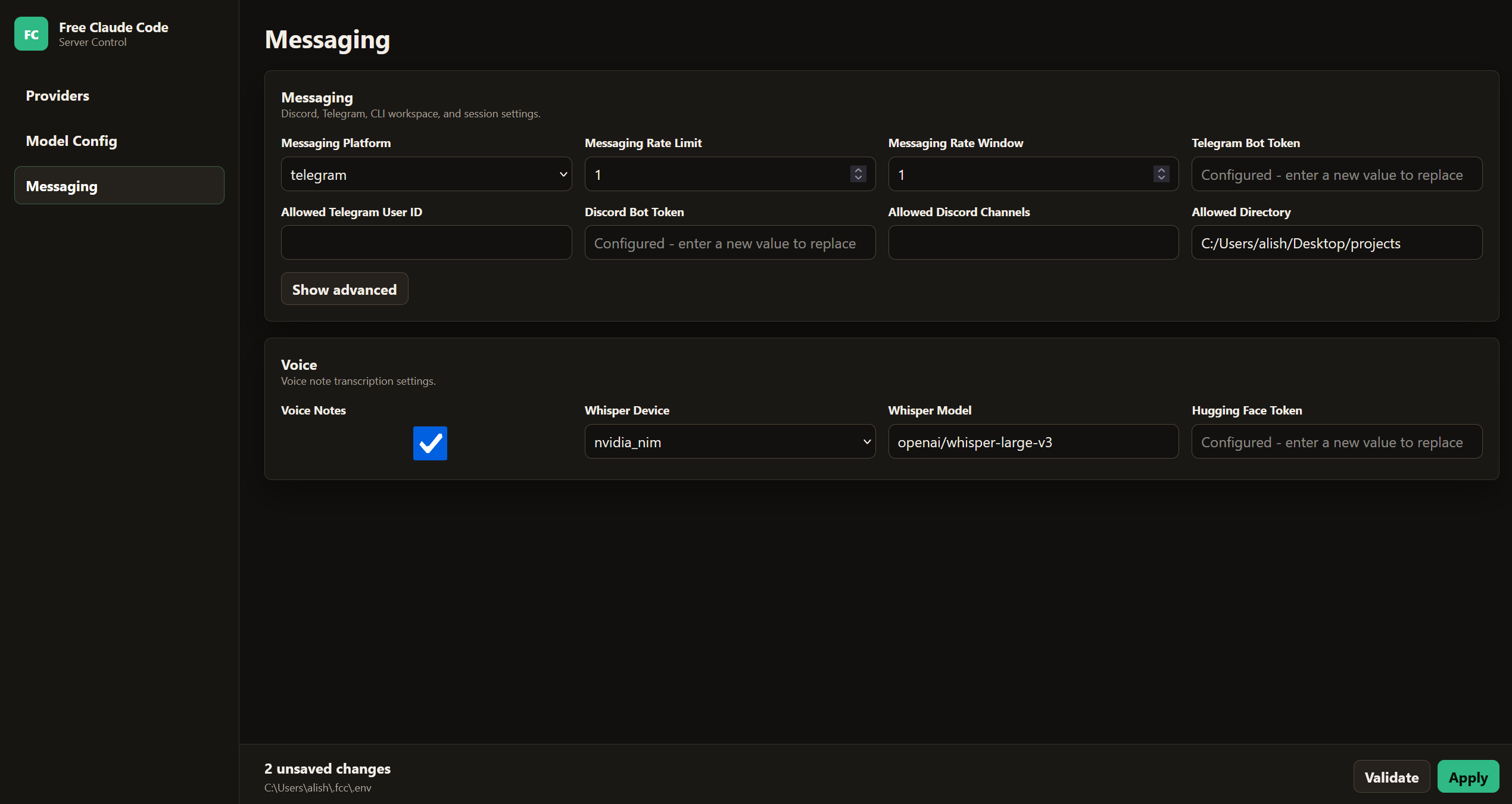 Admin UI Messaging view with bot and voice settings