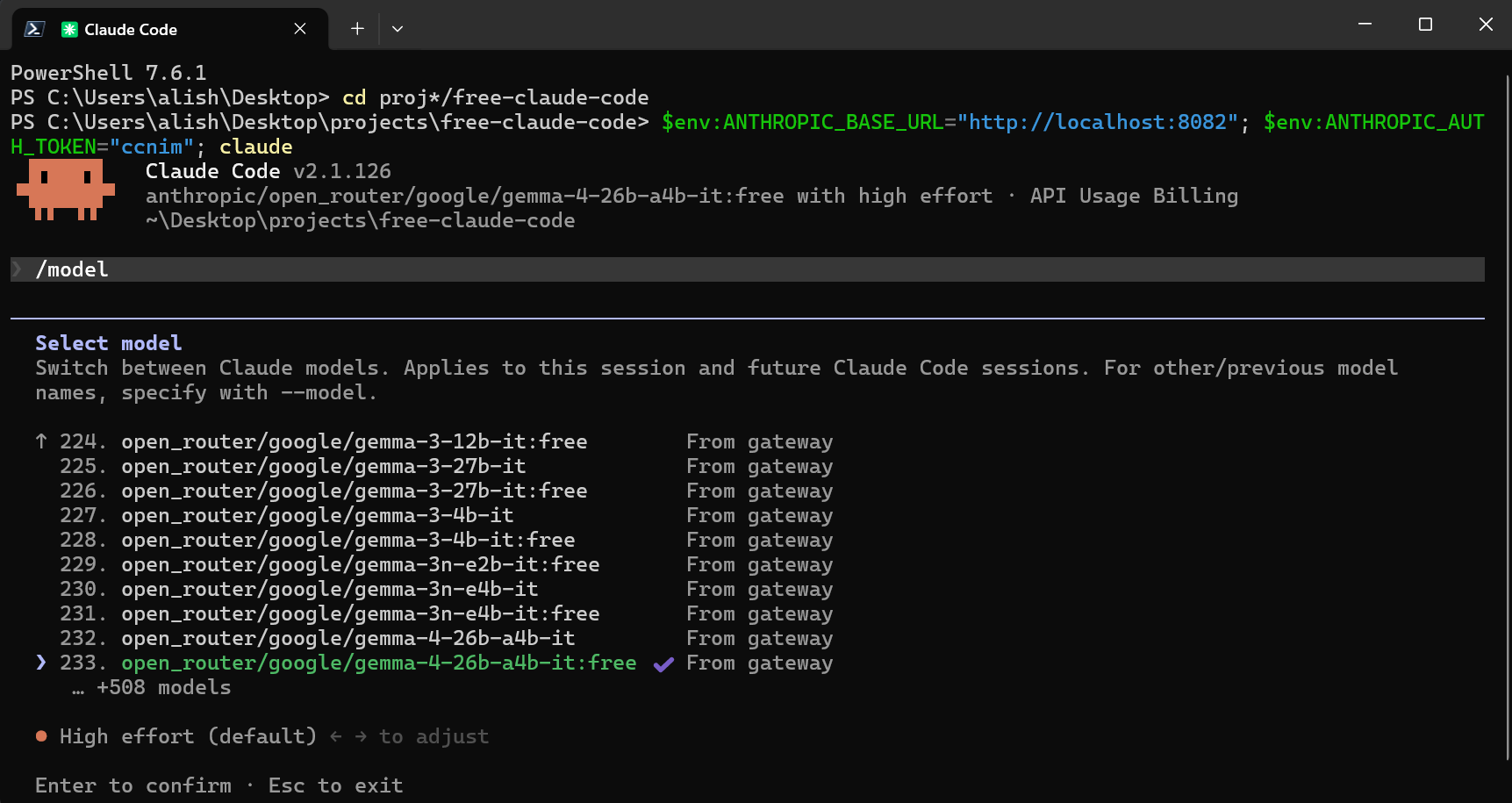 Claude Code model picker showing gateway models