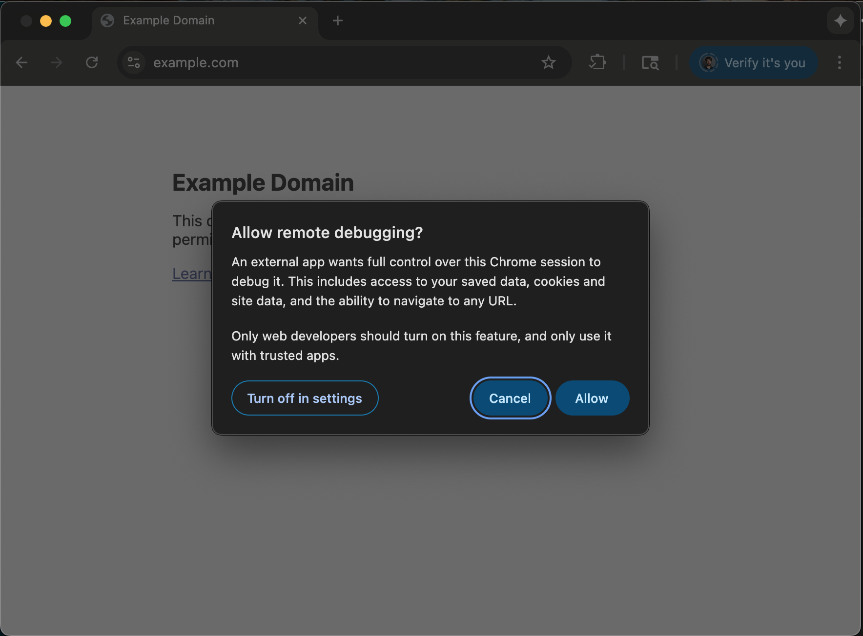 Allow remote debugging popup