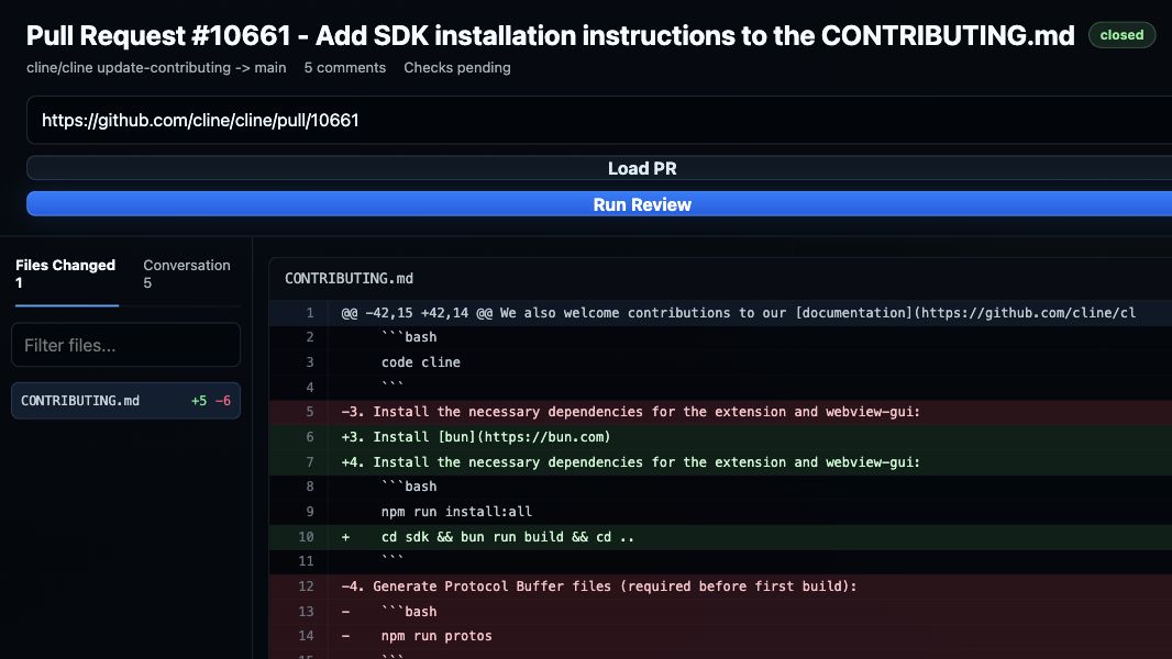 Code Review Bot dashboard showing a loaded pull request diff