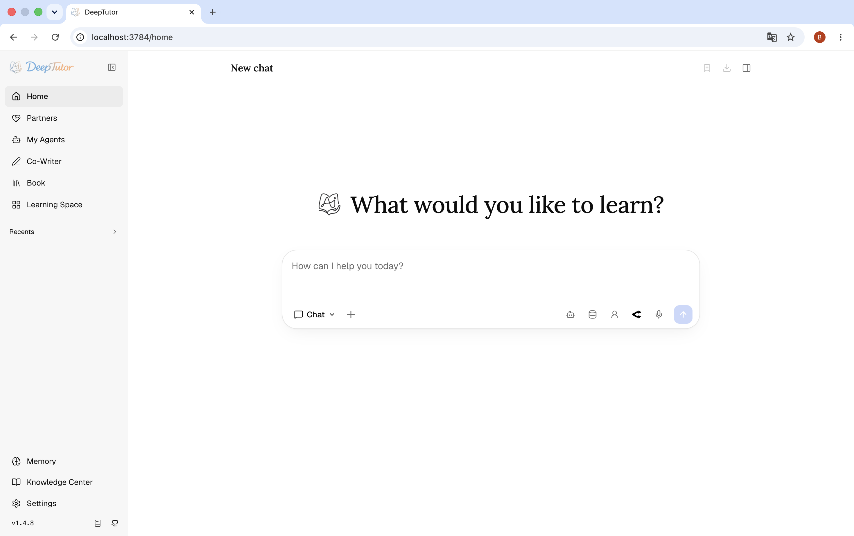 DeepTutor 主页 — 侧边栏包含所有界面的 Chat 工作区