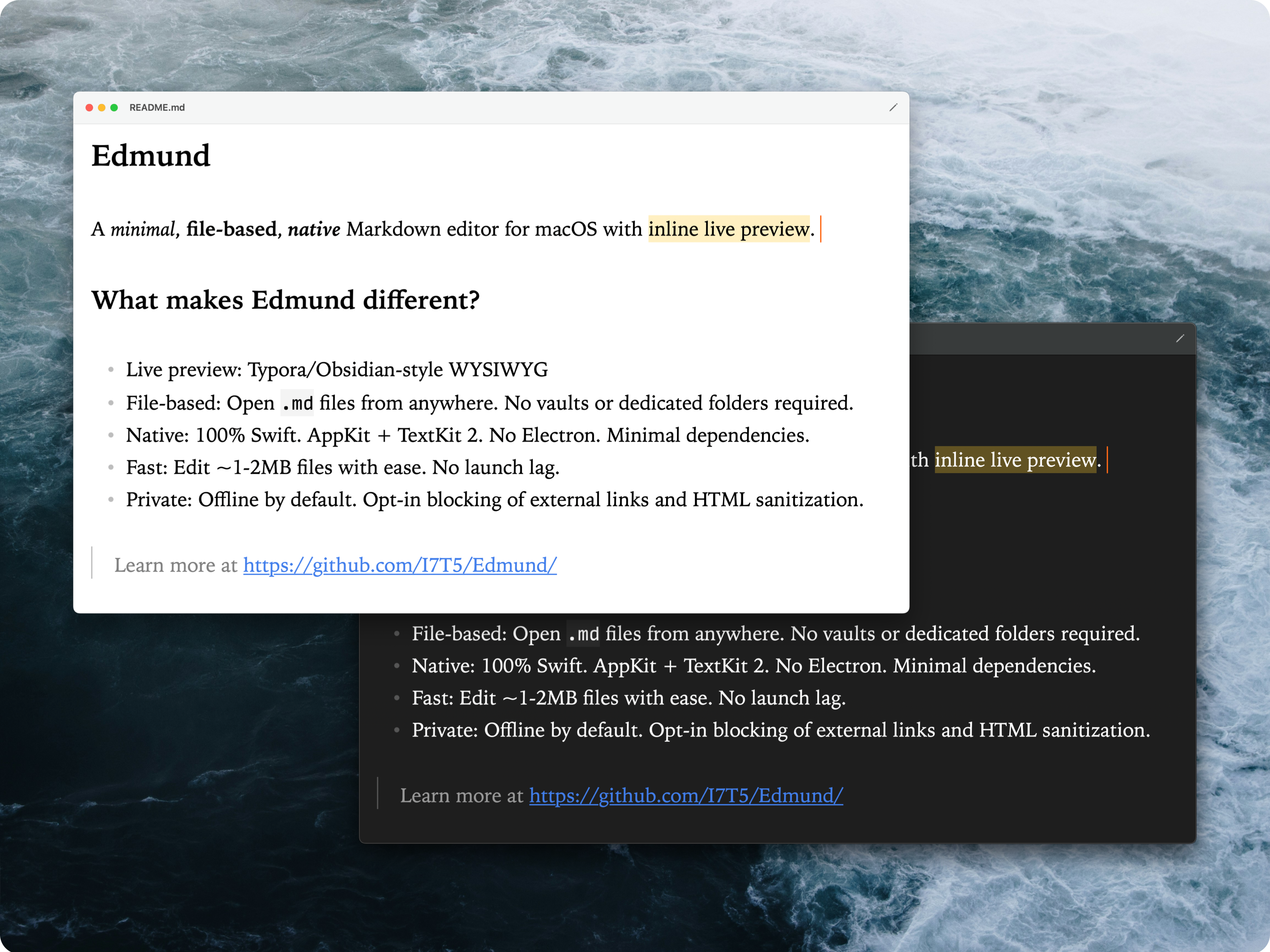 Basic usage screenshot in light and dark mode