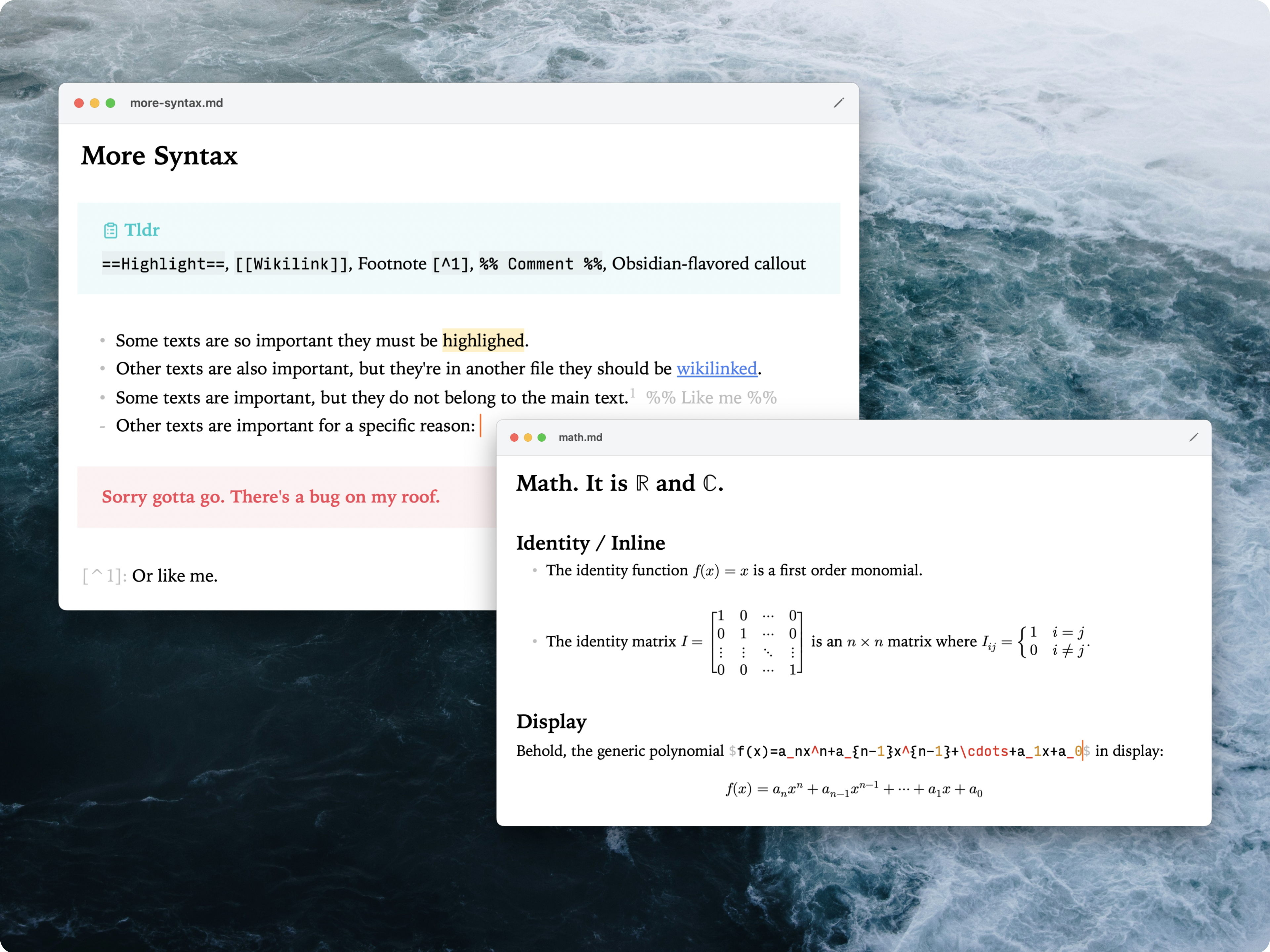 Non-GFM and math syntax screenshot in edit mode