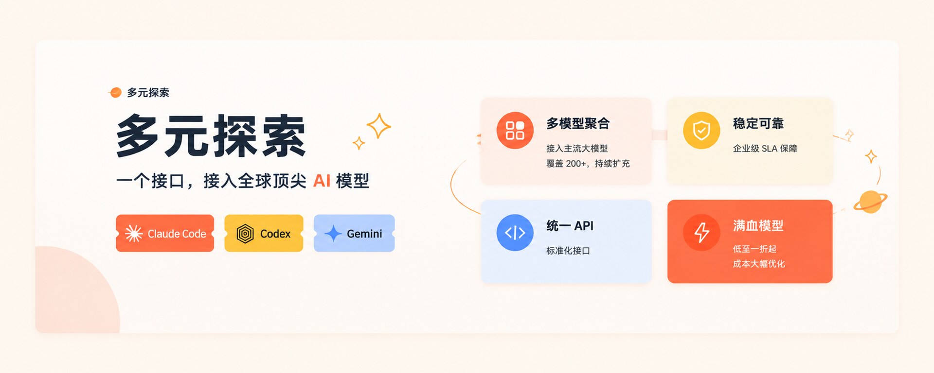 多元探索 — 全球 AI 模型 API 聚合与源头直供平台，汇集 OpenAI、Claude、Gemini、DeepSeek 等数百款主流模型