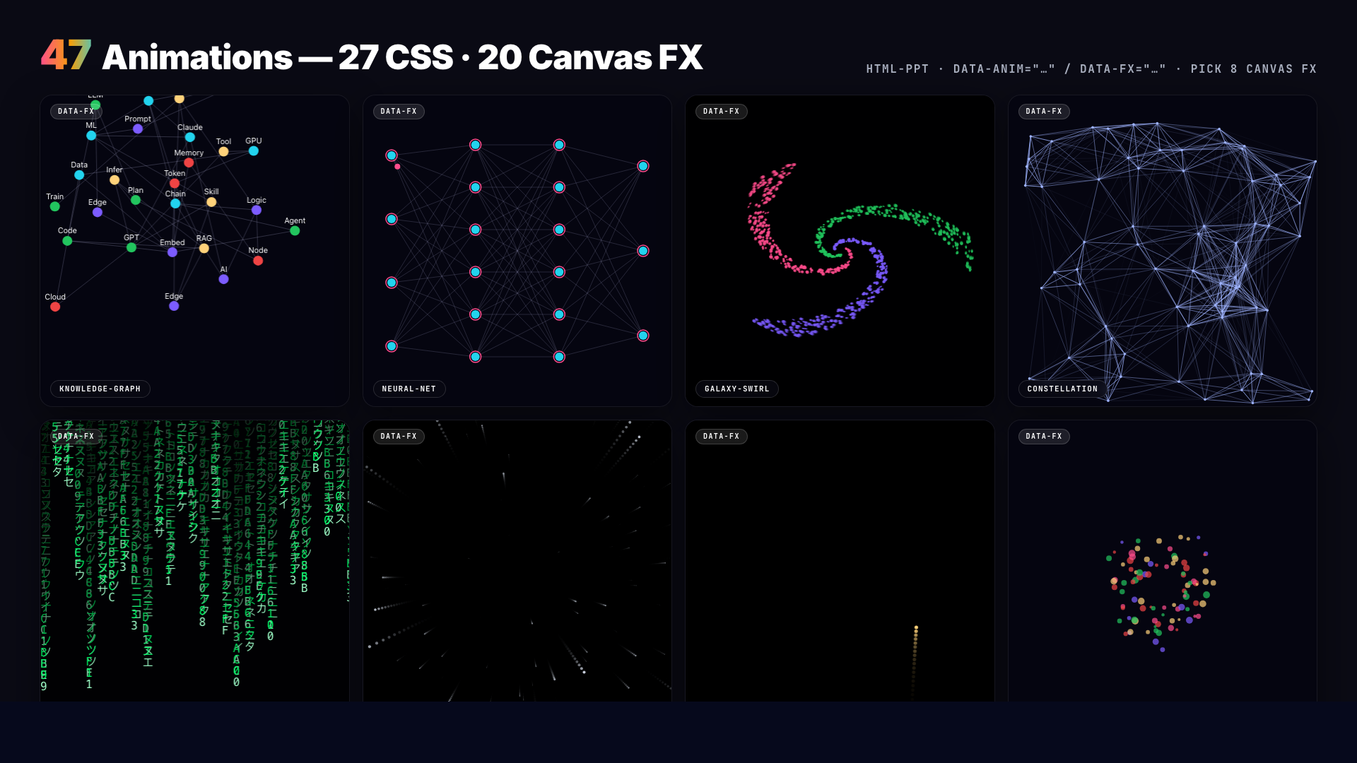 47 个动效 · 27 CSS + 20 Canvas FX