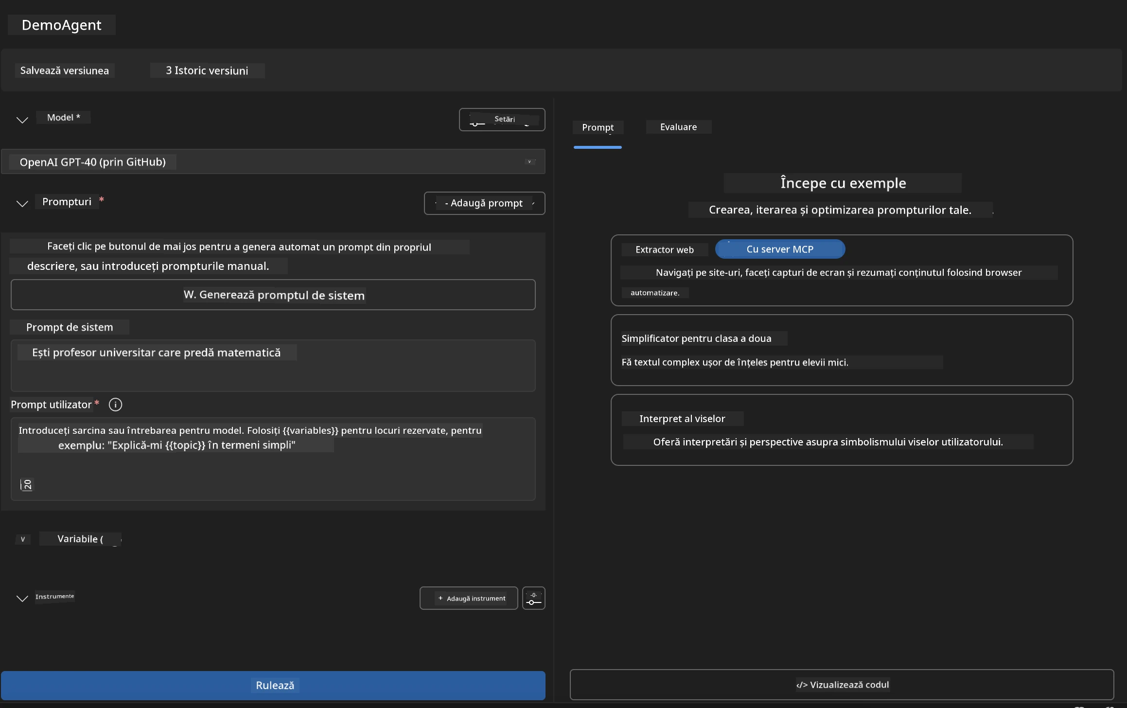 Interfața Agent Builder