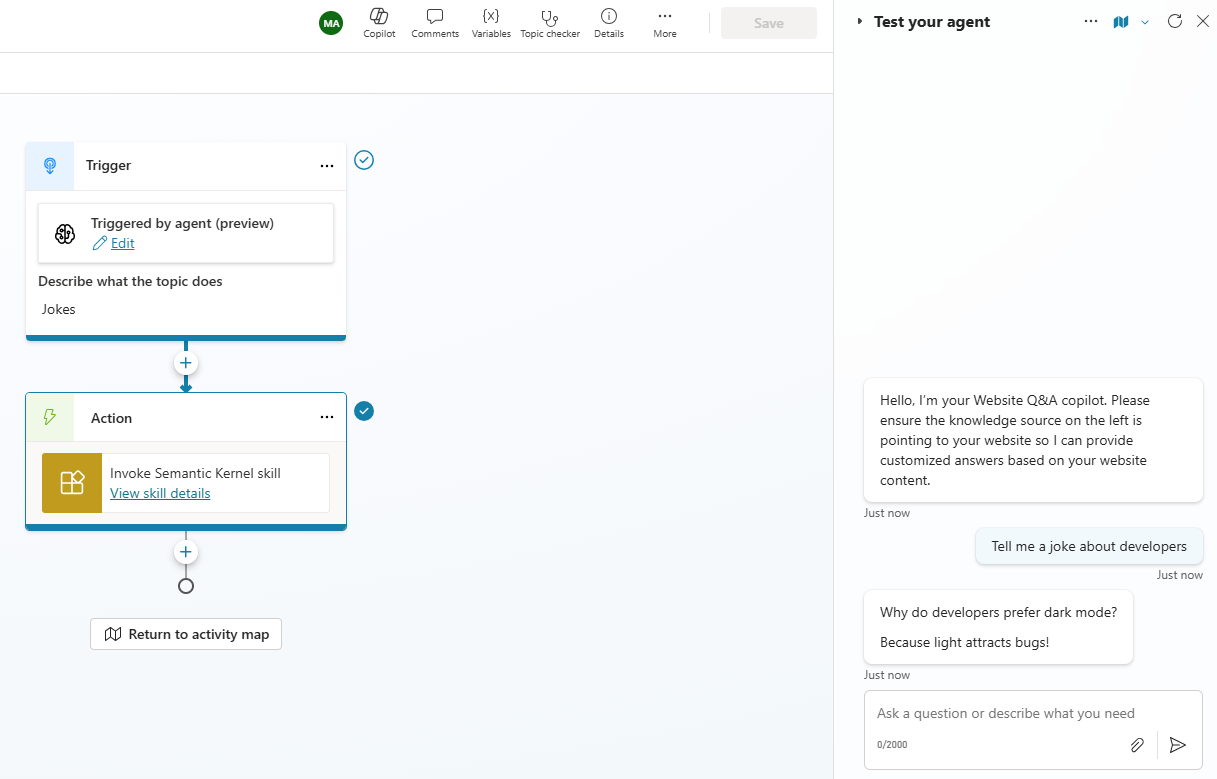 Copilot Studio using the Semantic Kernel skill within a topic