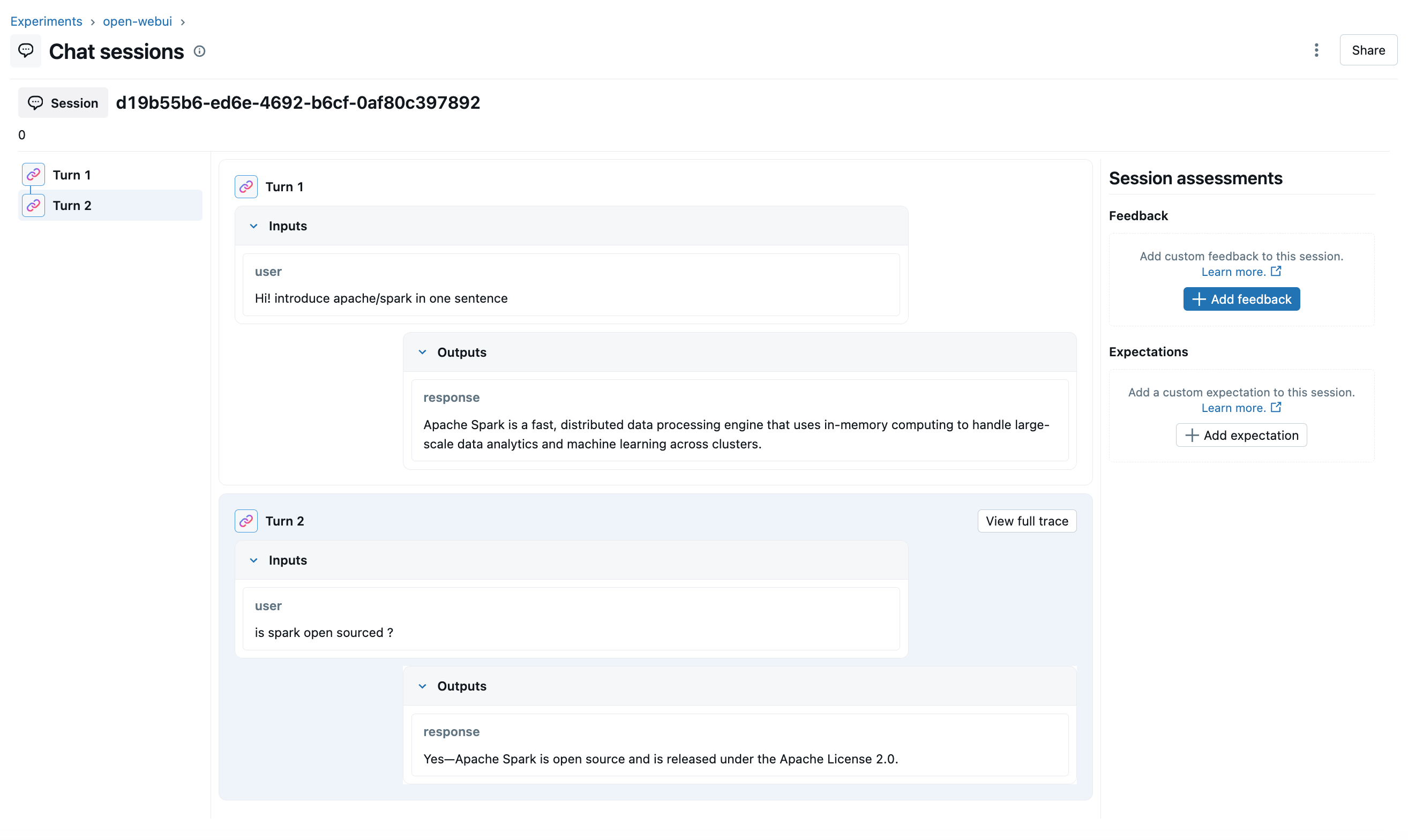 MLflow session grouped view