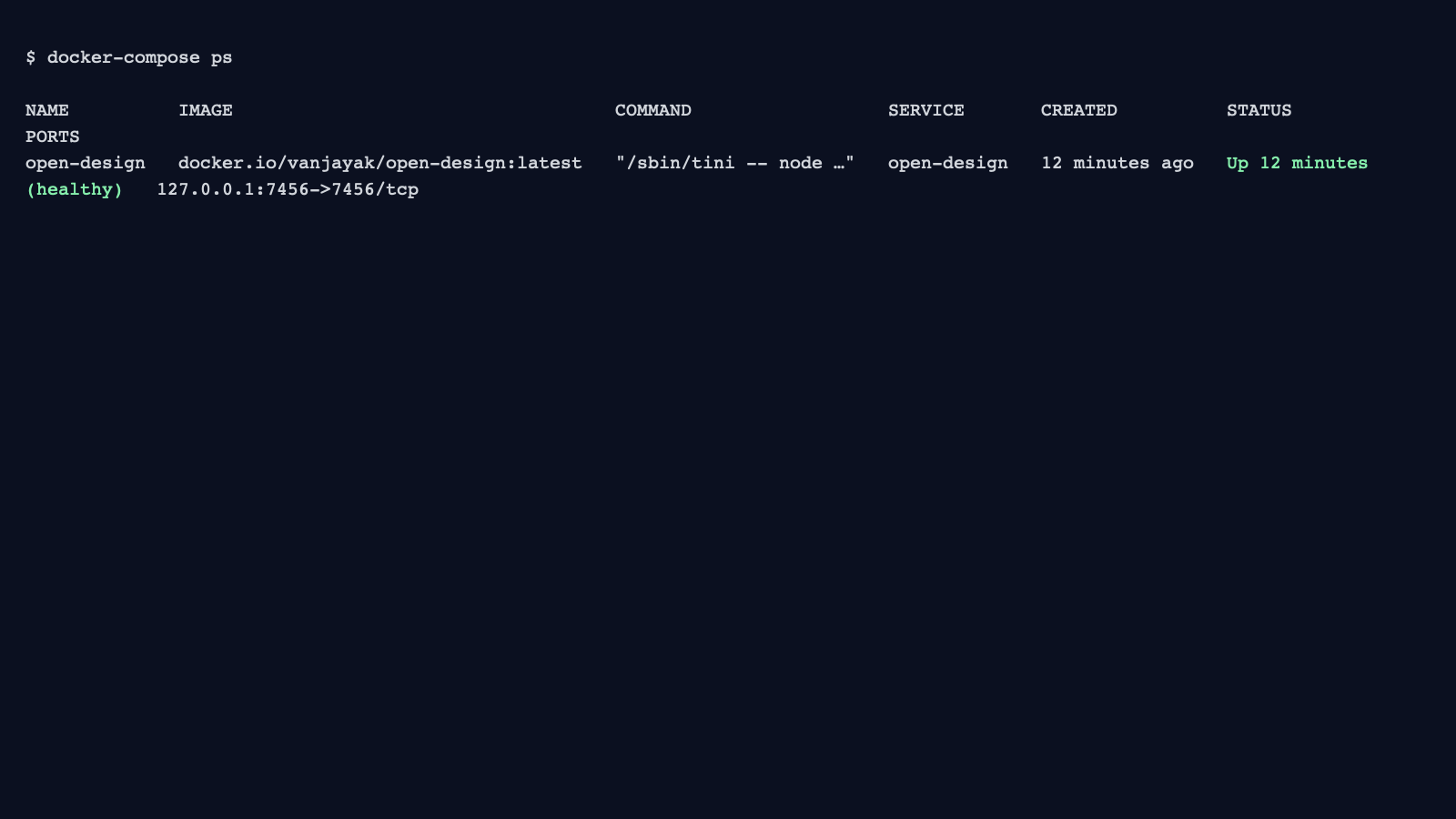 docker-compose ps healthy output (sanitized)