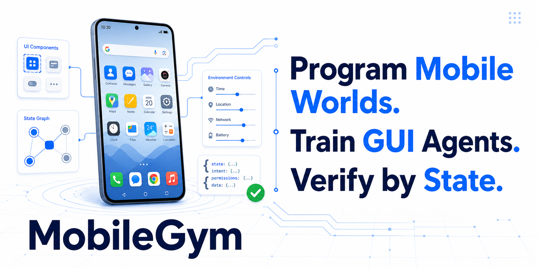 MobileGym — Program Mobile Worlds. Train GUI Agents. Verify by State. 一个可验证、高度并行的手机 GUI Agent 仿真研究平台。