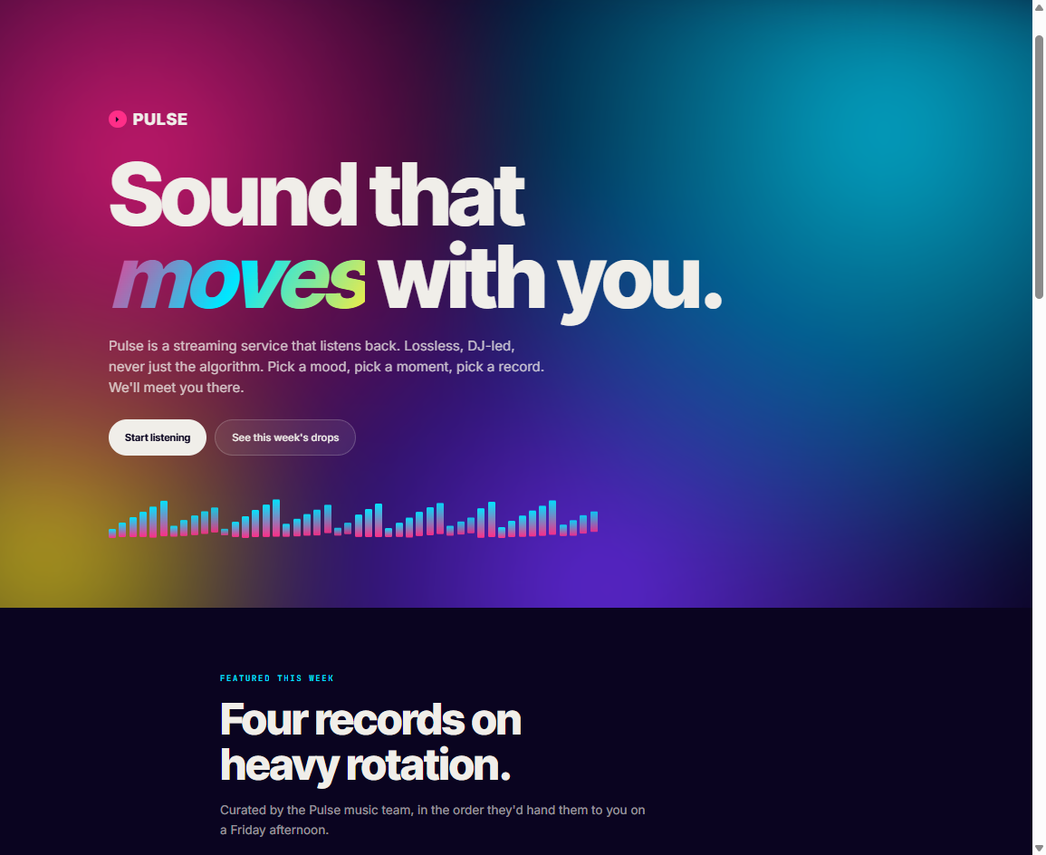 Pulse 音乐流媒体品牌。饱和渐变主视觉，标题为 'Sound that moves with you'，下方为粉青双色均衡器条形图。