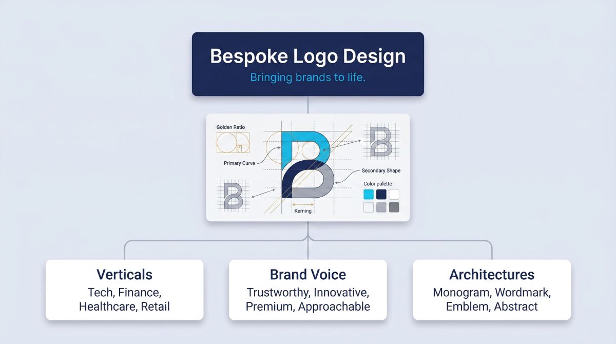 Logo Design skill 亮点示意图。海军蓝标题卡片写着 'Bespoke Logo Design'，副标题为 'Bringing brands to life.'。标题下方为模拟构造指南：网格线上的风格化字母 B，叠加黄金比例、Primary Curve 与 Secondary Shape 标注、Kerning 标记及六色色板。底部三列分别为：Verticals（Tech、Finance、Healthcare、Retail）、Brand Voice（Trustworthy、Innovative、Premium、Approachable）、Architectures（Monogram、Wordmark、Emblem、Abstract）。