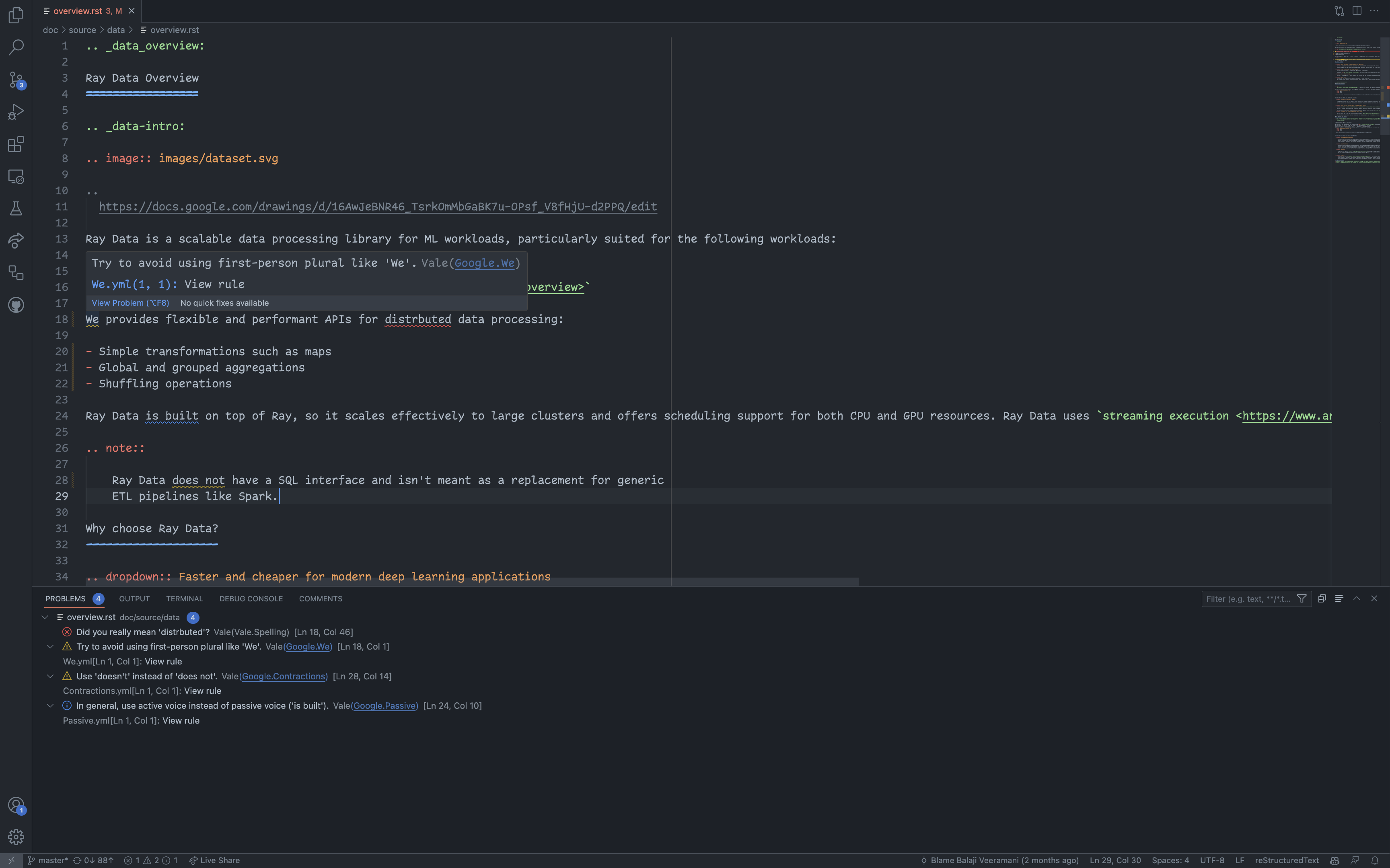 Vale warnings in the VS Code Problems panel