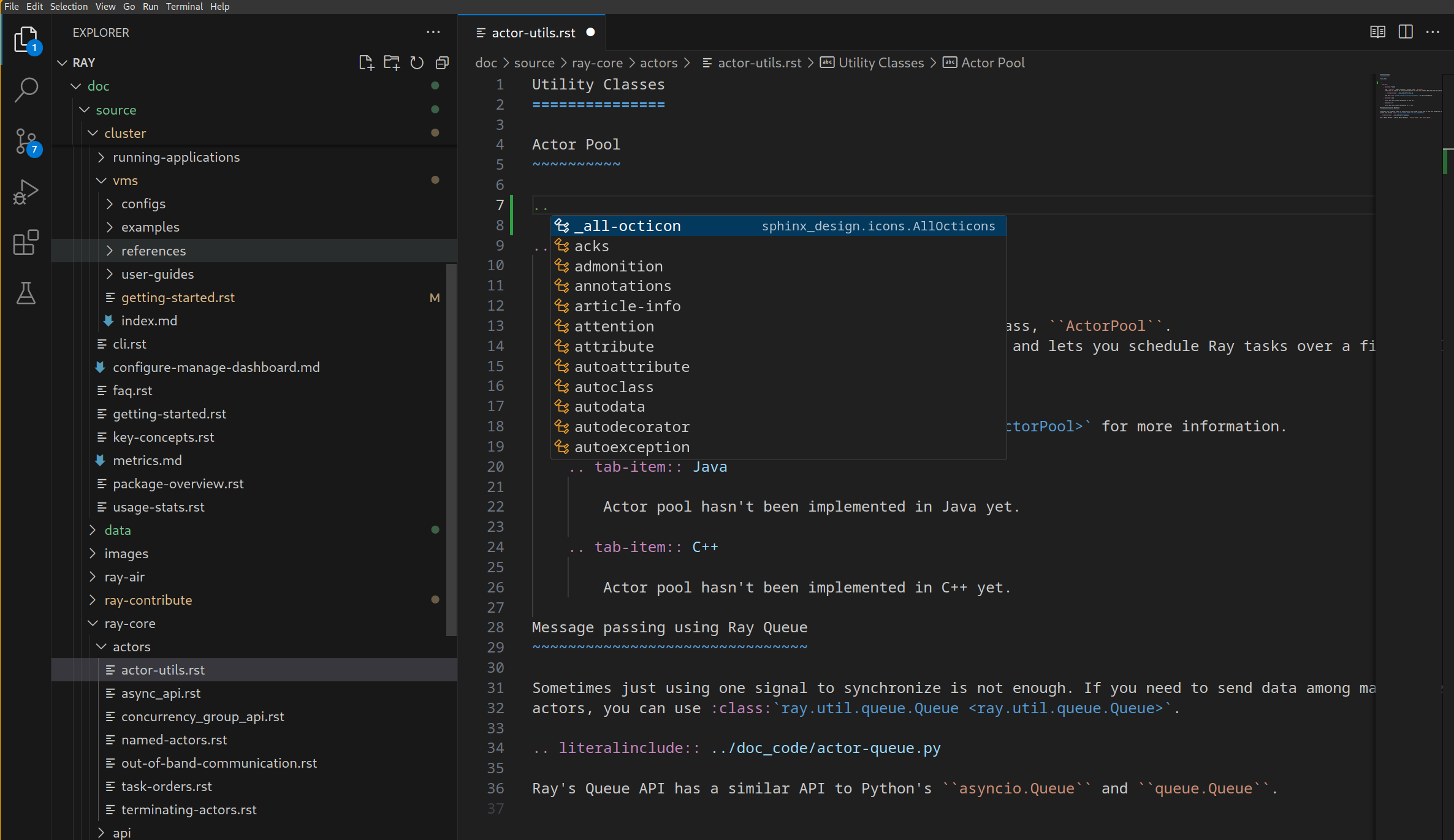 VS Code autocomplete menu showing RST directives