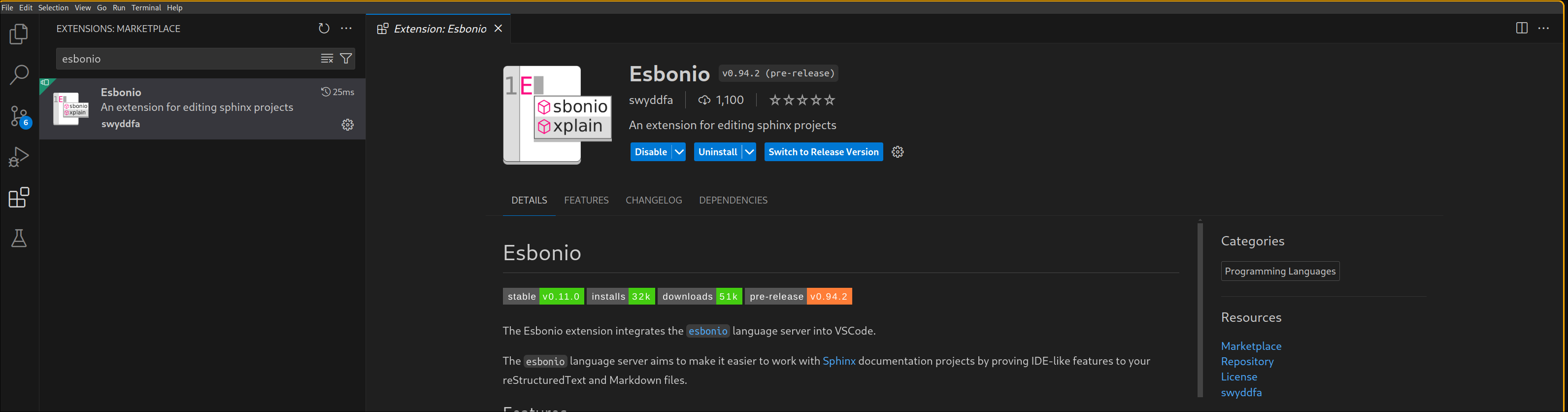 The esbonio extension in VS Code