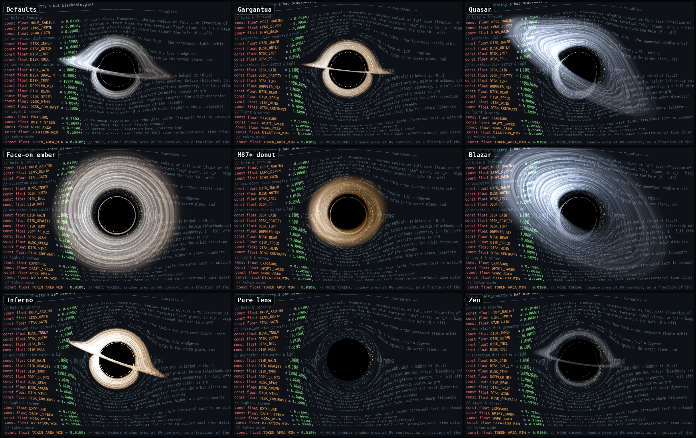 预设——Defaults、Gargantua、Quasar、Face-on ember、M87* donut、Blazar、Inferno、Pure lens、Zen