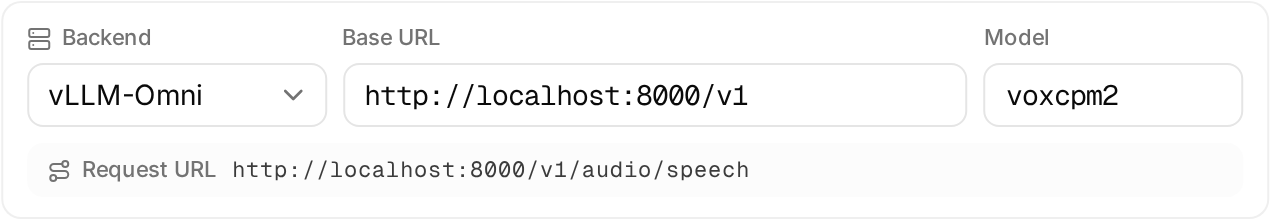 VoxCPM2 连接设置：后端选择、Base URL、模型名