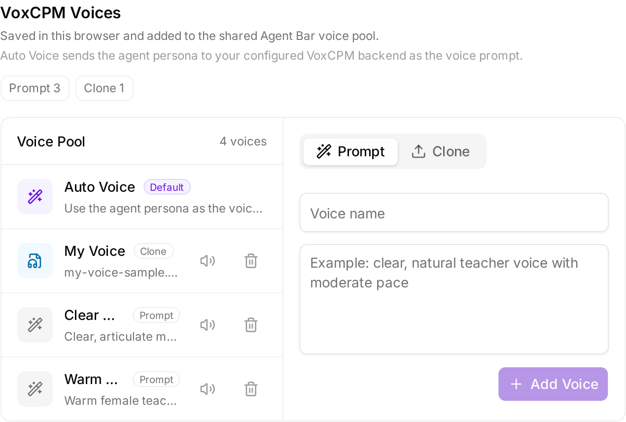 VoxCPM2 音色管理：Auto / Prompt / Clone 三种模式